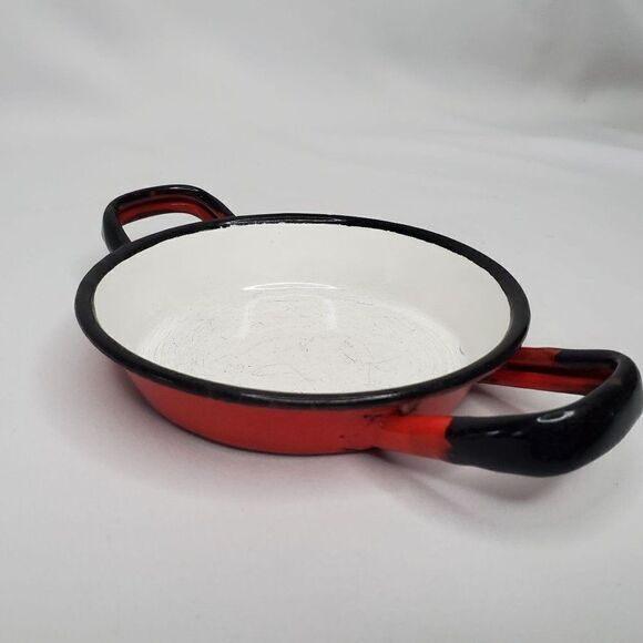 Vintage Poland Enamel Mini Handled Pan Red Black Farmhouse 3.5" Bottom Diameter - Picture 3 of 9
